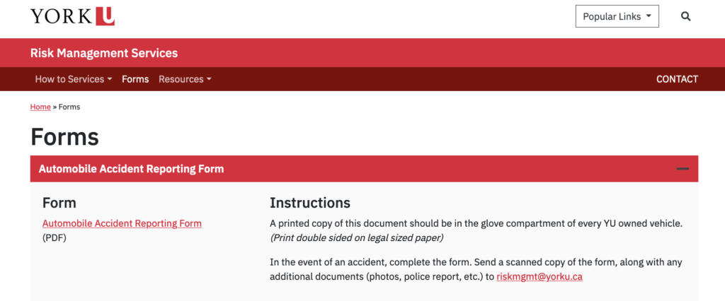 Automobile accident reporting form from York's Risk Management Services Department.